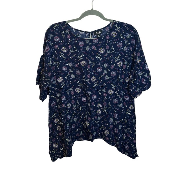 a.n.a Navy Floral Boho Bell Sleeve Blouse - Picture 1 of 5